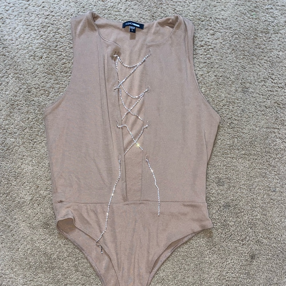 Brown Bodysuit with Rhinestone Chain
